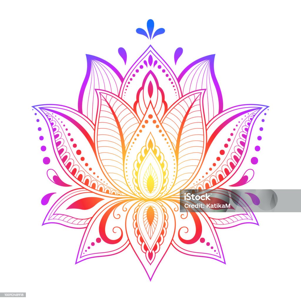 Colorful floral pattern for Mehndi and Henna drawing. Hand-draw lotus symbol. Decoration in ethnic oriental, Indian style. Lotus Water Lily stock vector