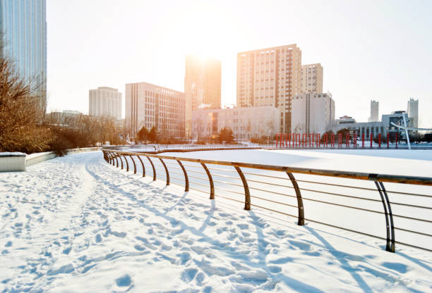 City sidewalk in snowy day