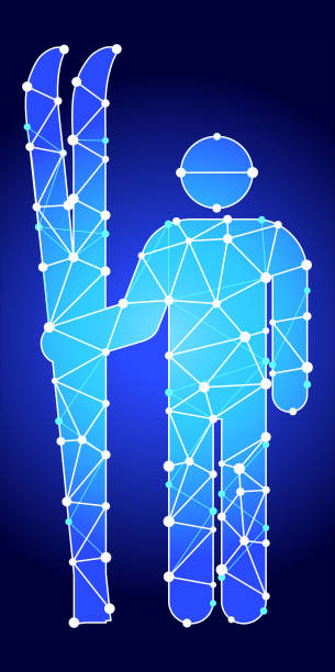 Skiing Blue Triangle Node Vector Pattern Skiing Blue Triangle Node Vector Pattern. The main object depicted in this royalty free vector illustration is created with the triangular line pattern. The individual lines form nodes with small circles on each of the vertices. The background is white with a slight gradient around the edges. stick figure skiing stock illustrations
