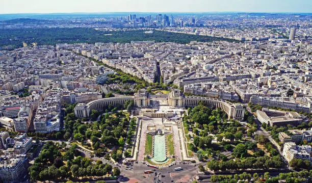 Paris/France - August 2016: panoramic view taken from Eiffel Tower featuring the Palais de Chaillot and the Jardins du Trocadéro.