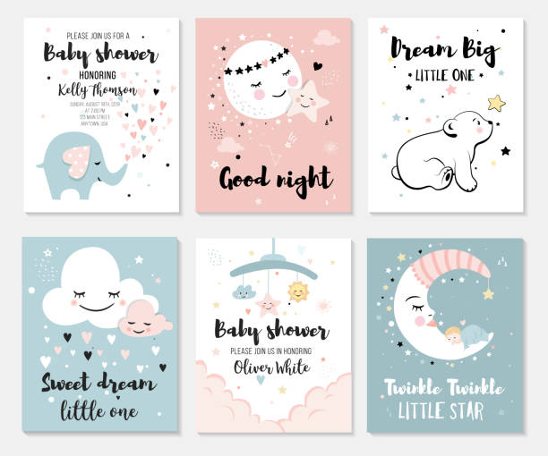 mały niedźwiedź, słoń, księżyc i gwiazda. - baby shower stock illustrations