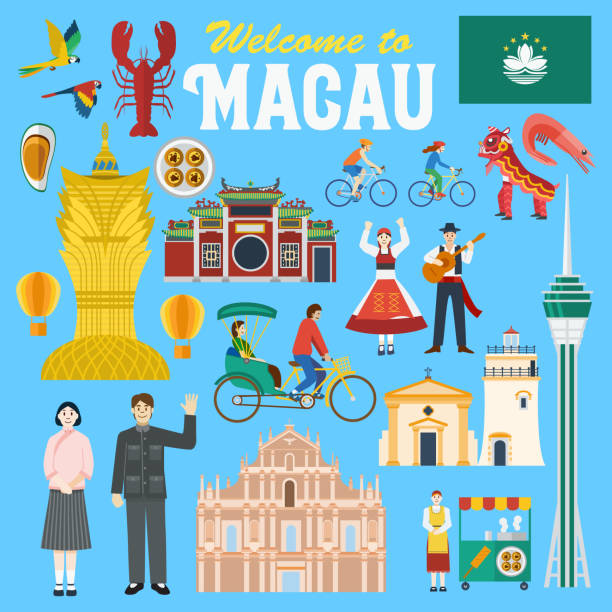 ilustrações de stock, clip art, desenhos animados e ícones de illustration of macau landmark and icons, vector - skyscraper travel people traveling traditional culture