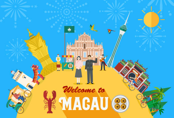 ilustrações de stock, clip art, desenhos animados e ícones de illustration of macau landmark and icons, vector - skyscraper travel people traveling traditional culture