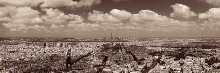 Paris rooftop view panorama with Eiffel Tower and city skyline.