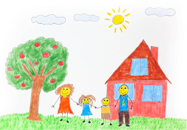 ilustracja szczęśliwej rodziny z jabłonią i domem - child mother illustration and painting little boys stock illustrations