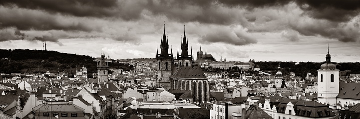 Church of Our Lady before Týn and Prague skyline rooftop panorama view in in Czech Republic