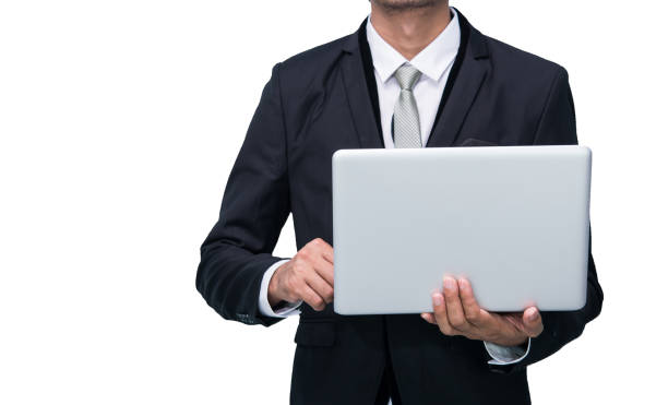istock Businessman standing posture hand hold notebook laptop 1009350626