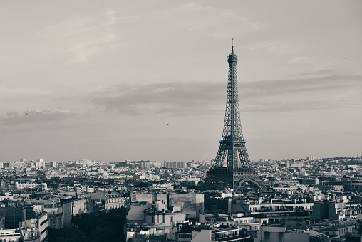 Paris rooftop view skyline and Eiffel Tower in France.