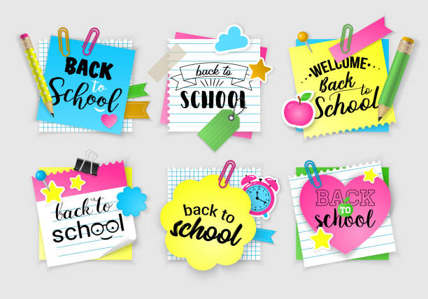 обратите внимание бумаги набор для обратно в школу. - back to school stock illustrations