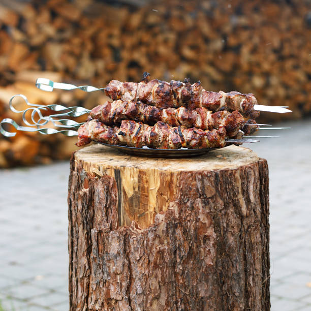 istock Freshly prepared pork barbecue on skewers. 1009359100