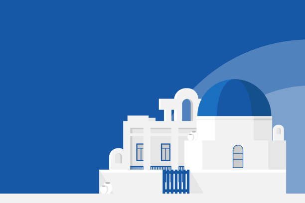 ilustraciones, imágenes clip art, dibujos animados e iconos de stock de paisaje de la isla de santorini. - greece greek islands town village
