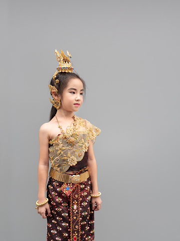 Asian Little Kid Girl Dress The Thai Traditional Dress National Costumes  Gray Background Identity Culture Of Thailand Stock Photo - Download Image  Now - iStock