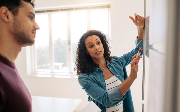 istock Woman entrepreneur explaining business ideas on whiteboard in office 1009369954