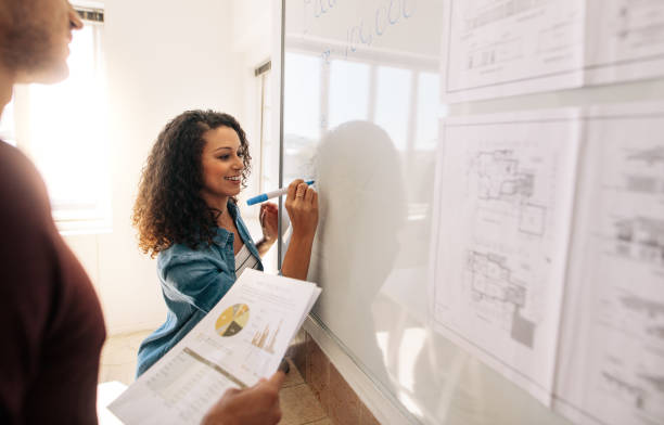 istock Woman entrepreneur writing on whiteboard in office 1009369990