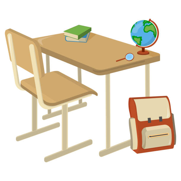 ilustrações, clipart, desenhos animados e ícones de secretária da escola com a escola fornece o ícone e logotipo. elemento de projeto isolado. ilustração de desenho vetorial - old fashioned desk student book