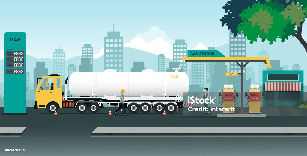 gas station The truck is transferring oil at a station that is inspected by employees. Truck stock vector