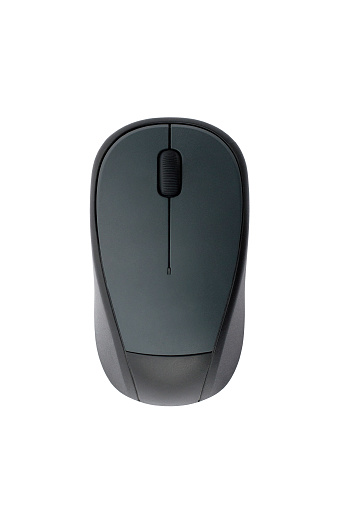 Directly above computer mouse on the white background with copy space