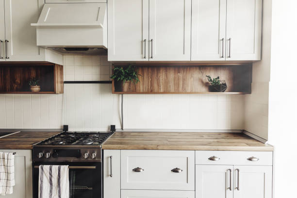 istock Kitchen design in modern scandinavian style. stylish light grey kitchen interior with modern furniture and stainless steel appliances in a new house. wooden countertop, steel stove,plants 1009383688
