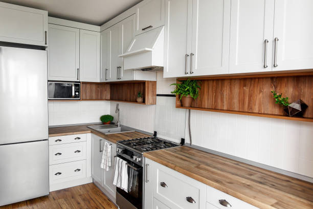 istock Stylish light gray kitchen interior with modern cabinets and stainless steel appliances in new home. kitchen design in scandinavian style. green plants decor, wooden worktop, sink 1009383790