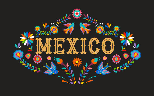 illustrations, cliparts, dessins animés et icônes de fond de mexique, bannière avec les éléments, les oiseaux et les fleurs colorées de mexicains - culture mexicaine