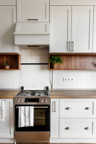 istock Stylish light gray kitchen interior with modern cabinets and stainless steel appliances in new home. kitchen design in scandinavian style. green plants decor, wooden worktop, chimney 1009384154