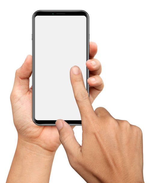 istock hands are holding and touching on a small bezels Smart Phone Isolated on white background 1009390138