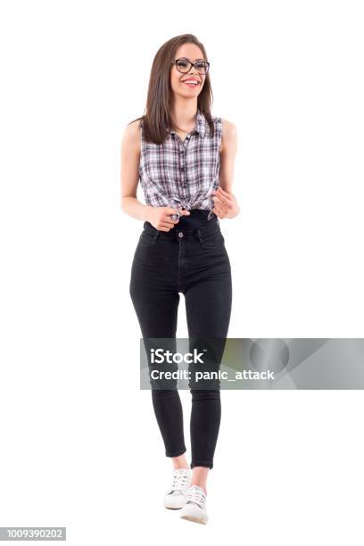 Excited Young Millennial Modern Hipster Style Girl Walking Smiling