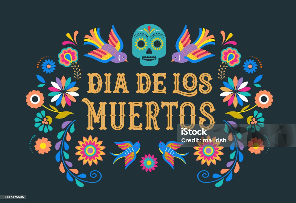 Day of the dead, Dia de los moertos, banner with colorful Mexican flowers. Fiesta, holiday poster, party flyer, greeting card Day of the dead, Dia de los moertos, banner with colorful Mexican flowers. Fiesta, holiday poster, party flyer, funny greeting card Mexican Culture stock vector