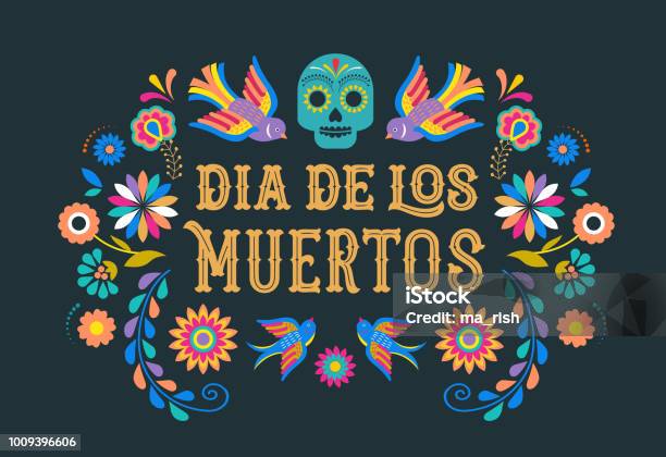 Day Of The Dead Dia De Los Moertos Banner With Colorful Mexican Flowers Fiesta Holiday Poster Party Flyer Greeting Card Stock Illustration - Download Image Now