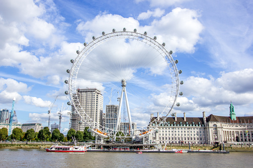 Wide angle view of the the Iconic London Eye in London, UK.