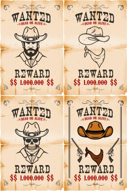 ilustraciones, imágenes clip art, dibujos animados e iconos de stock de conjunto de carteles deseados en estilo del salvaje oeste. - cowboy desire west poster