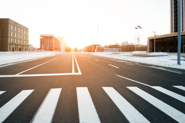 Zebra crossing and modern buildings in winter.