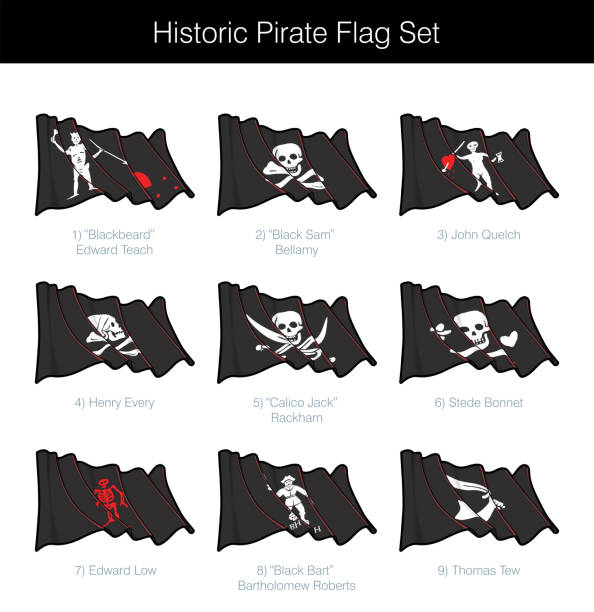 ilustraciones, imágenes clip art, dibujos animados e iconos de stock de pirata histórico agitar jolly roger set - pirate flag