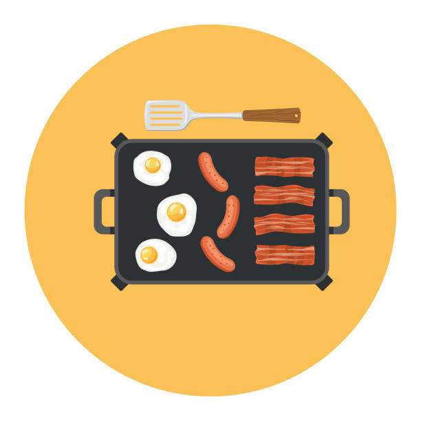 Cute Breakfast Food Icon - Electric Griddle with Bacon Eggs And Sausage Cooking Flat Design Style Breakfast Food Icon - Electric Griddle with Bacon Eggs And Sausage Cooking griddle stock illustrations