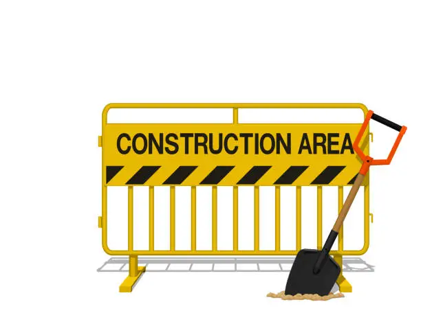 Vector illustration of Yellow steel barrier with  shovel in the concept of under construction area