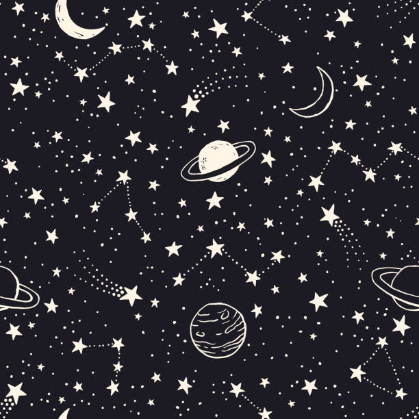 Seamless pattern with planets, constellations and stars Vector space seamless pattern with planets, comets, constellations and stars. Night sky hand drawn doodle astronomical background moon backgrounds stock illustrations