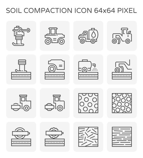 soil compaction icon Soil compaction and equipment icon set, 64x64 perfect pixel and editable stroke. water truck stock illustrations