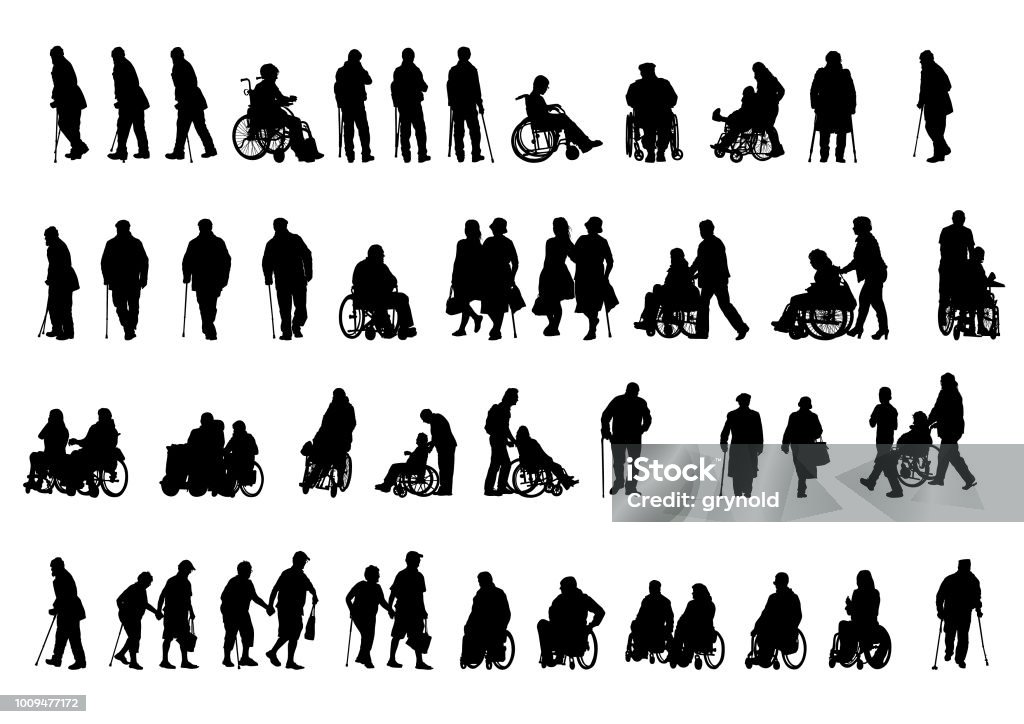 Wheelchair people on white Silhouettes people in wheelchair on white background In Silhouette stock vector