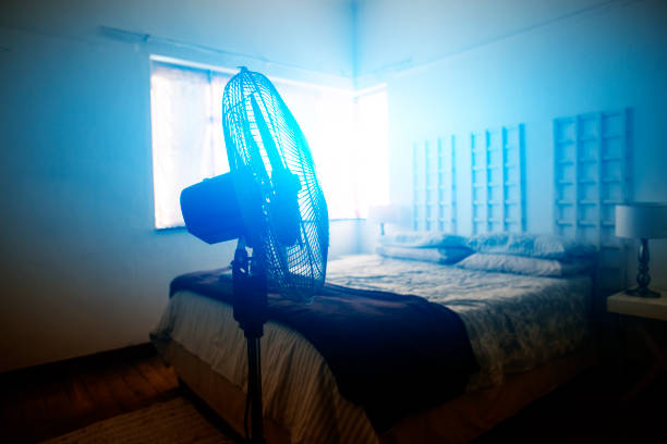 Electric fan next to bed with moonlight coming through the window.