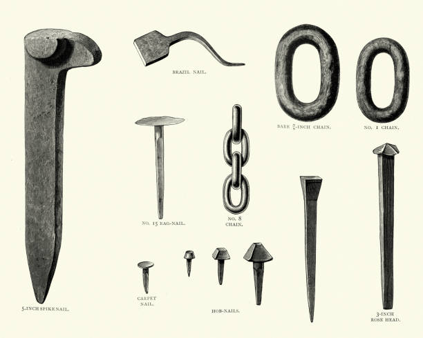 ilustraciones, imágenes clip art, dibujos animados e iconos de stock de victoriano de clavos y cadenas, del siglo xix - herramientas de herrero