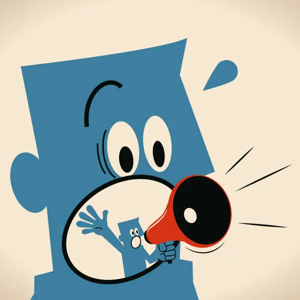 Vector illustration of Small man inside giant man's mouth talking with megaphone