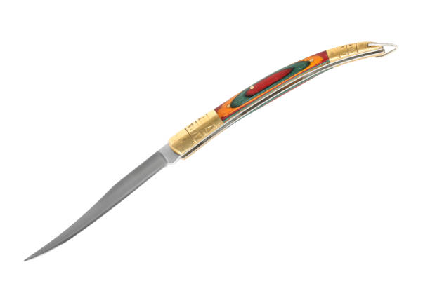 istock Old elegant long penknife with thin blade and multicolor wooden handle. Isolated on white 1009518096