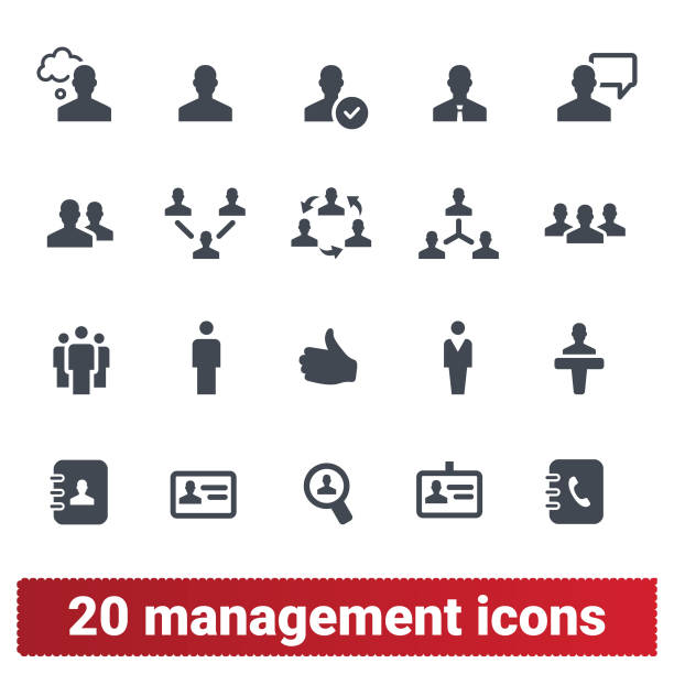 Management, Business Persons And Teamwork Icons Management, human resources, business persons and user vector icons set. Team work, business leadership, ceo and office people pictograms. Isolated on white background. business cards calendar stock illustrations