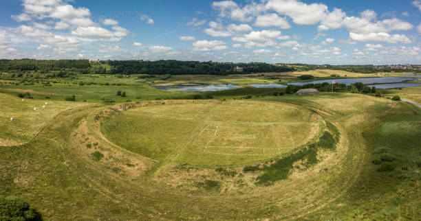 Aerial view of historical Viking ring castle Fyrkat Aerial view of historical Viking ring castle Fyrkat in Denmark green valley denmark stock pictures, royalty-free photos & images