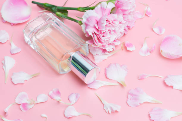 istock Beautiful perfume bottles on pink background 1009538124