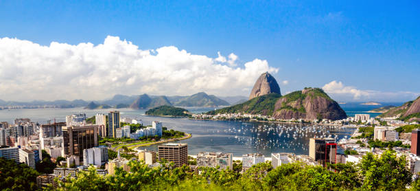 panorama de paisaje de rio de janeiro - sugarloaf mountain mountain rio de janeiro brazil fotografías e imágenes de stock