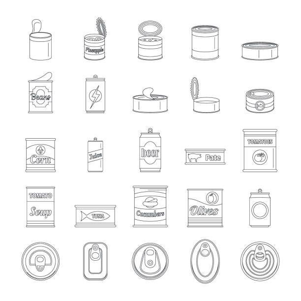 ilustrações, clipart, desenhos animados e ícones de conjunto de ícones jar lata comida pacotes, estilo de estrutura de tópicos - can packaging tuna food