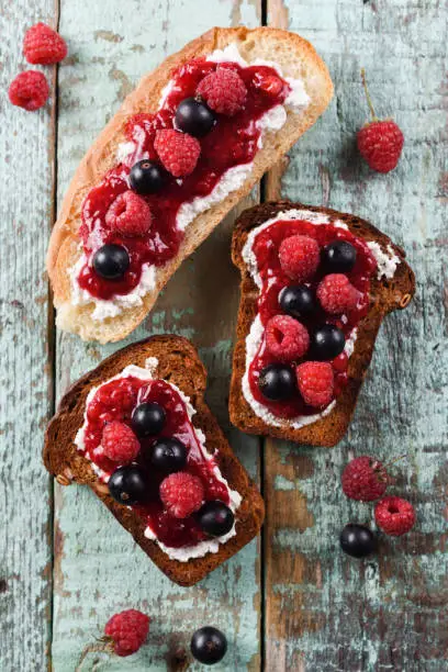 Quick breakfast, jam on toasts. Raspberry jam, ricotta and raw berries on ciabatta and rye bread on blue background above view