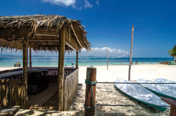 istock Bamboo hut and kayaks.white sandy beach and clear water with blue sky background. 1009541024
