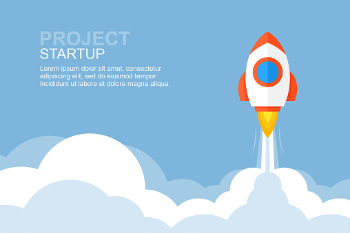 Rocket launch. Business startup banner. flat style. isolated on blue background